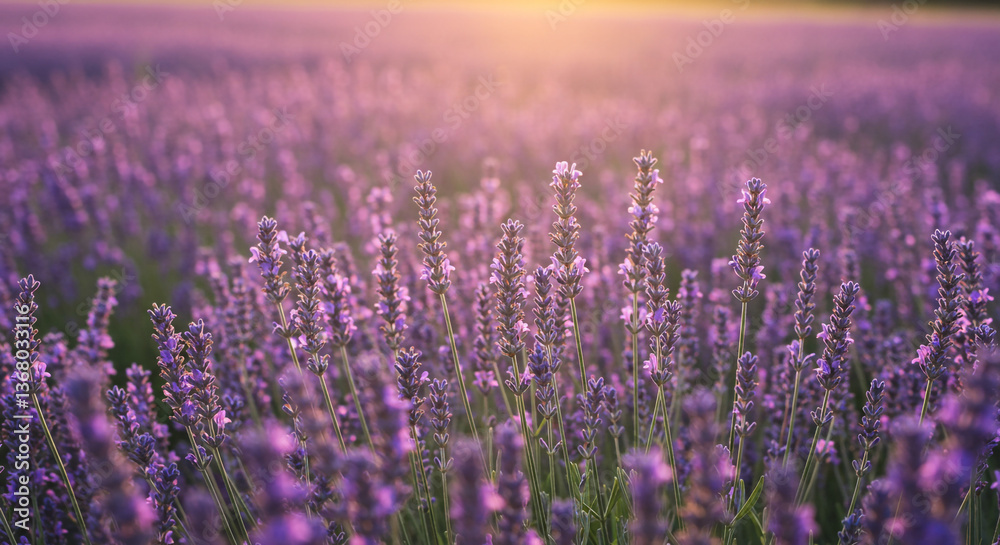 Naklejka premium A serene lavender field bathed in the golden light of sunset, a tranquil scene of purple blooms swaying gently in the warm evening breeze.