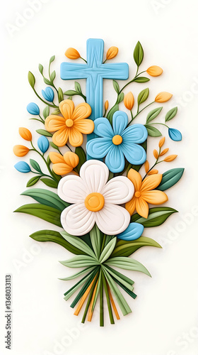 Floral bouquet with a cross, paper-cut style