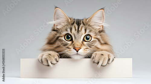 Fluffy longhair cat peering over blank sign