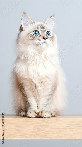 Fluffy longhair cat with striking blue eyes sits on a light wood surface, gazing upward