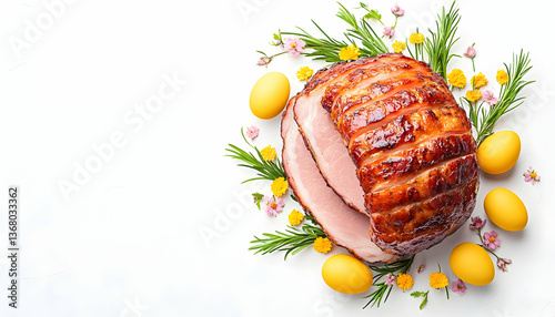 Glazed ham Easter centerpiece with yellow eggs and spring flowers