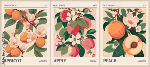 Set of Fruit market retro posters  with peach, apricot and apple fruits. Kitchen wall art. Colorful vector illustrations	