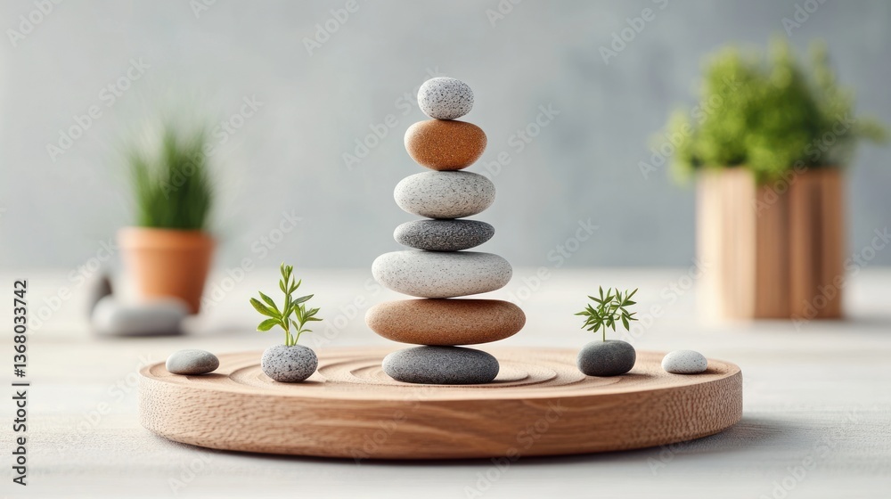 Balanced stones on wooden base with plants Balanced stones on wooden base with plants