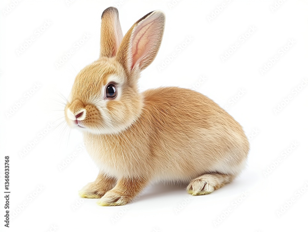 Obraz premium Studio portrait of brown bunny with perked ears and bright lighting, high-key white backdrop gives clean, modern look emphasizing grooming and detail.