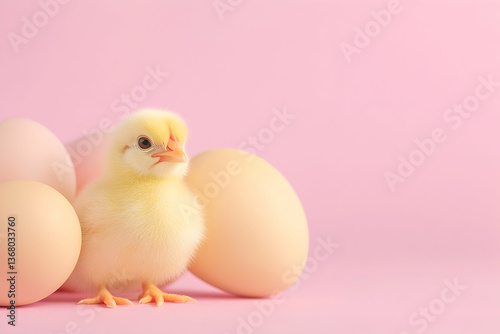 Fluffy yellow chick nestled amongst pastel eggs on pink background