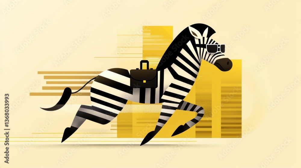 Fototapeta premium Dynamic zebra sprinting in urban landscape graphic illustration vibrant colors business concept