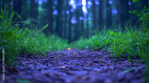 Forest path at dusk, glowing lights along the ground