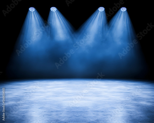 Four blue spotlights illuminate a smoky stage