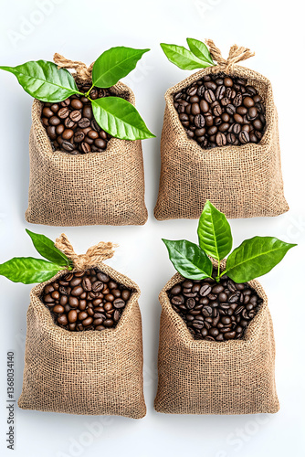 Four burlap sacks filled with coffee beans and adorned with fresh coffee plant leaves, arranged on a white background