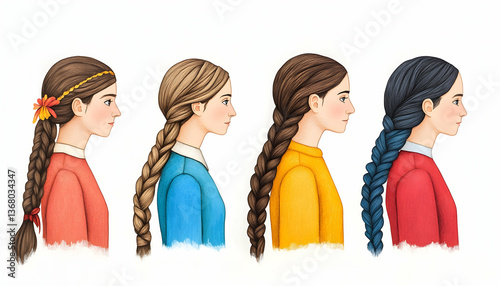 Four girls in profile, each with a different long braid hairstyle