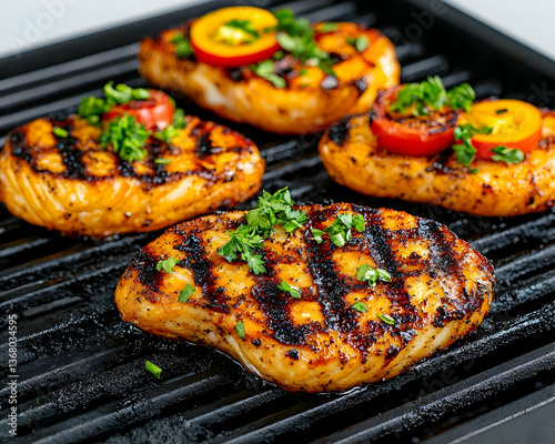 Four grilled salmon fillets with charred grill marks, garnished with cherry tomatoes and parsley, on a black grill pan
