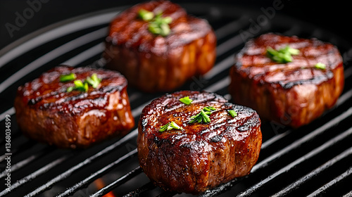Four juicy grilled steaks on a hot grill, garnished with fresh herbs