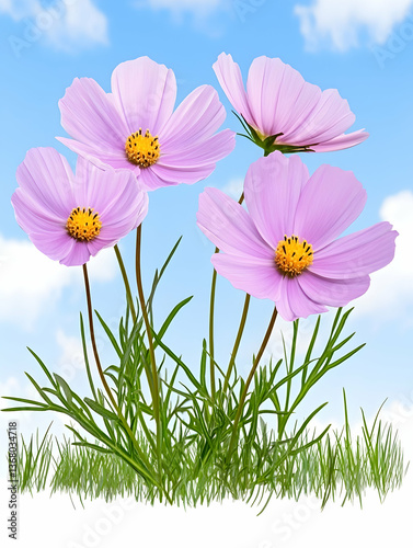 Four light pink cosmos flowers bloom against a bright blue sky