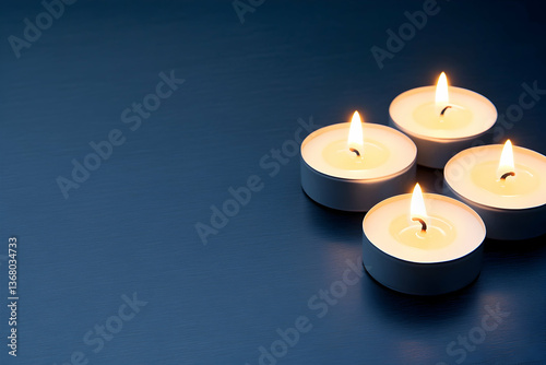 Four lit tea light candles on dark blue surface