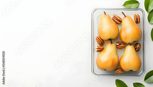 Four ripe pears and pecans arranged in a glass dish on a white background