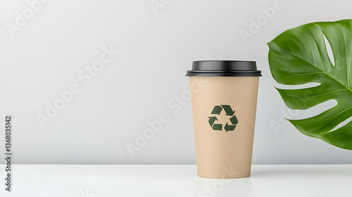 Eco-friendly paper coffee cup with recycle symbol, beside a tropical leaf on white background