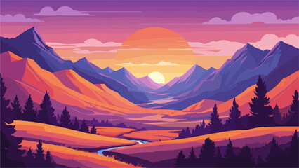 Papier peint photo Prune A beautiful mountain landscape with a large orange sun in the sky. The mountains are covered in trees and the sun is setting, creating a warm and peaceful atmosphere  © Digital Nomad