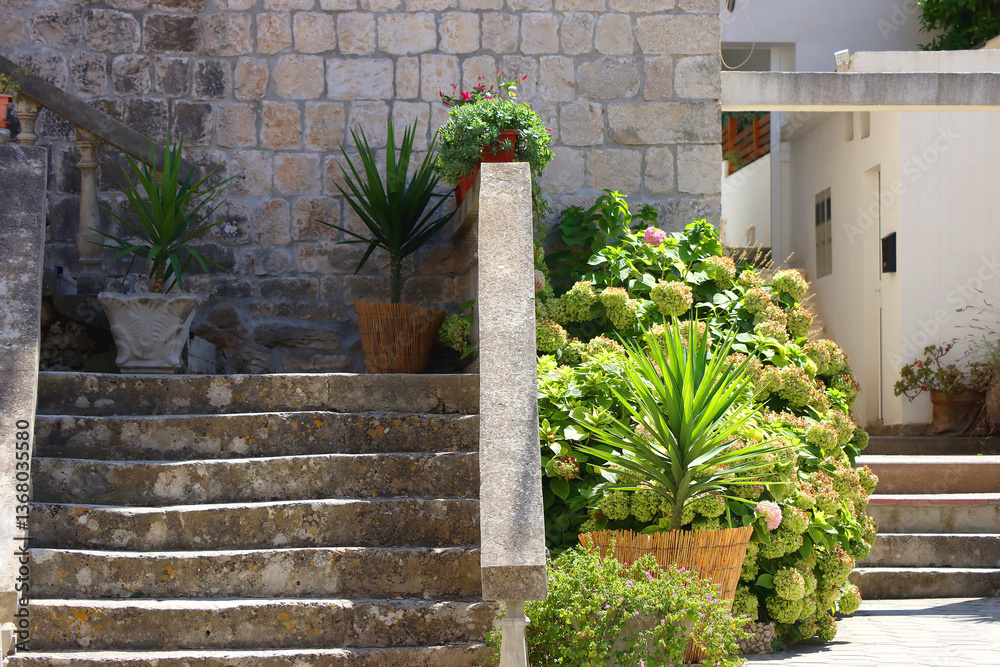 Picturesque Mediterranean street and traditional architectural details in Trogir, Croatia.