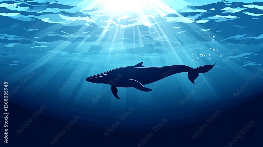 Fototapeta premium Majestic blue whale underwater with sunrays, an awe-inspiring scene for wildlife and ocean lovers.