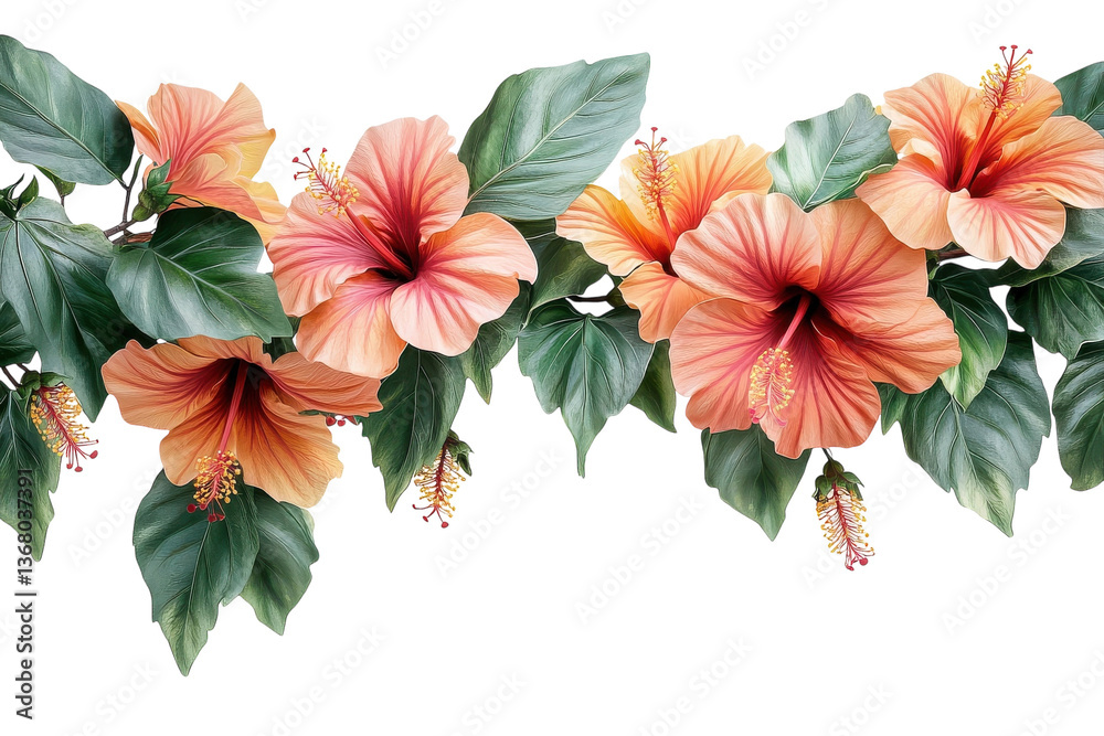 Fototapeta premium A vibrant garland of peach hibiscus blossoms, lush green leaves creating a tropical paradise scene against a crisp white backdrop.