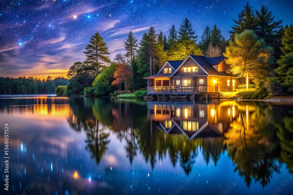 Fototapeta premium Serene Lakeside Cabin at Night - Peaceful Night Photography
