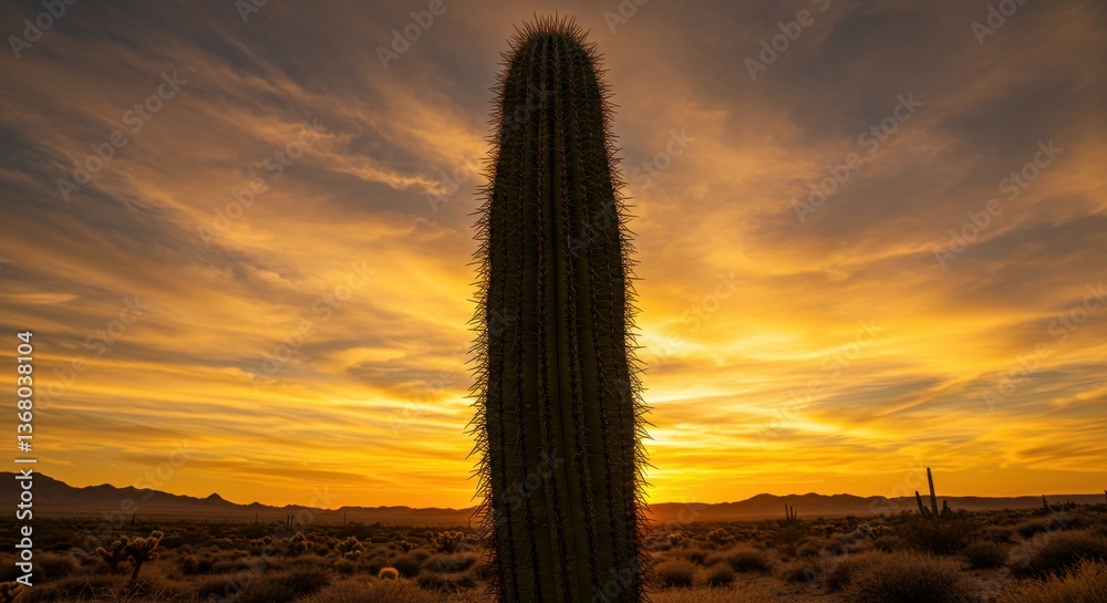Majestic cactus silhouetted against a vibrant sunset in a desert landscape Majestic cactus silhouetted against a vibrant sunset in a desert landscape