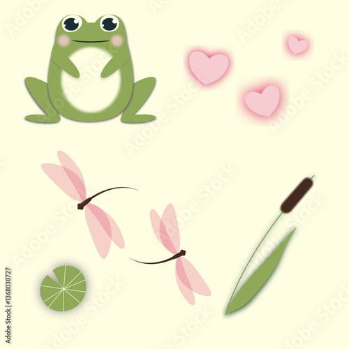 Cute cartoon green and pink frog collelction, hearts, water lily leaf and reed, odanata, dragonflies