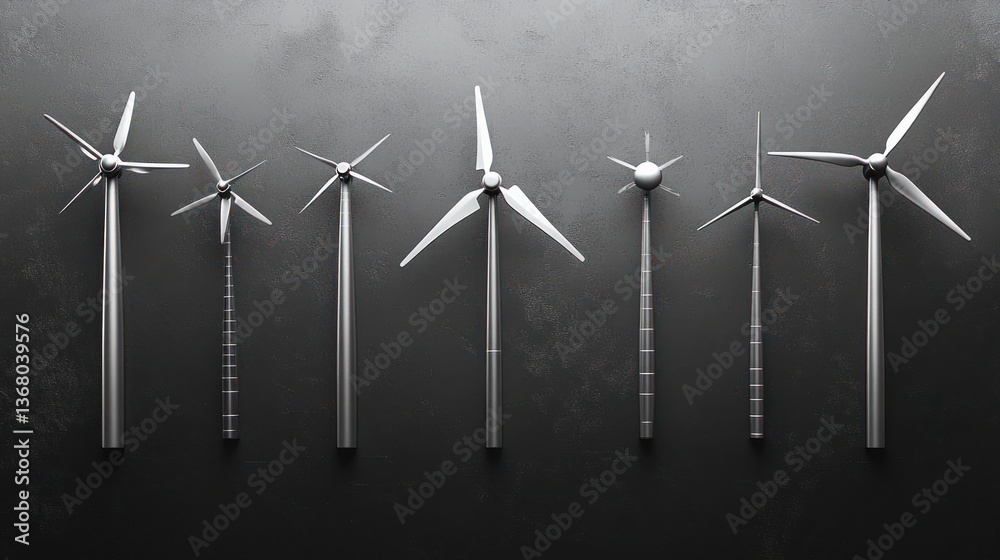 Miniature wind turbines arranged on dark surface Miniature wind turbines arranged on dark surface
