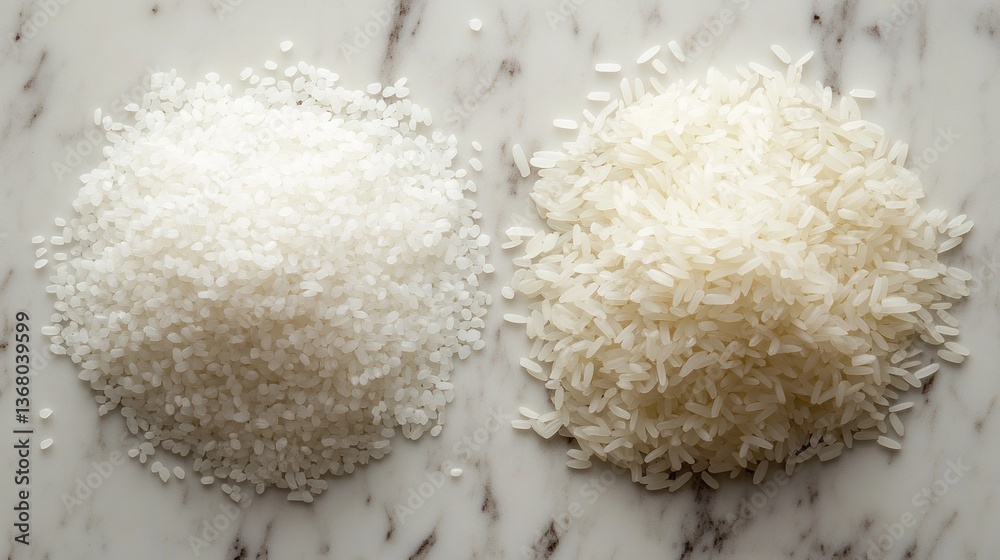 Two piles of rice, one short-grain, one long-grain, shown side-by-side Two piles of rice, one short-grain, one long-grain, shown side-by-side
