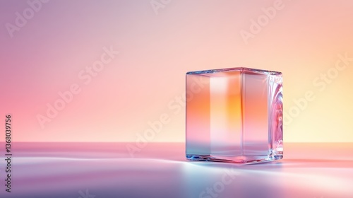 A minimalist, transparent glass block sits elegantly against a pastel-colored background, enhancing the beauty of simplicity and light reflections in modern artistic design.