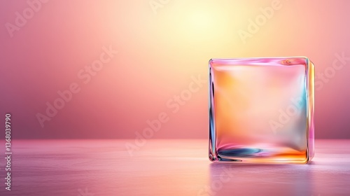 A uniquely shaped glass block exhibits vibrant color reflections against a softly illuminated background, inspiring creativity and artistic expression in contemporary art.
