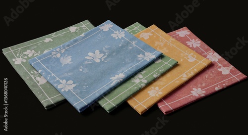 Stacked Floral Napkins in Blue Green Yellow Coral