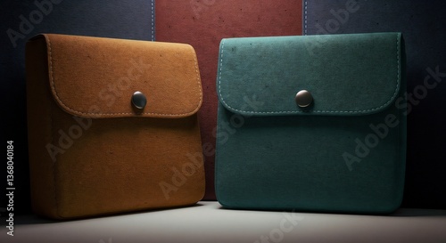 Handcrafted Textured Bags in Brown and Teal against Colored Panels