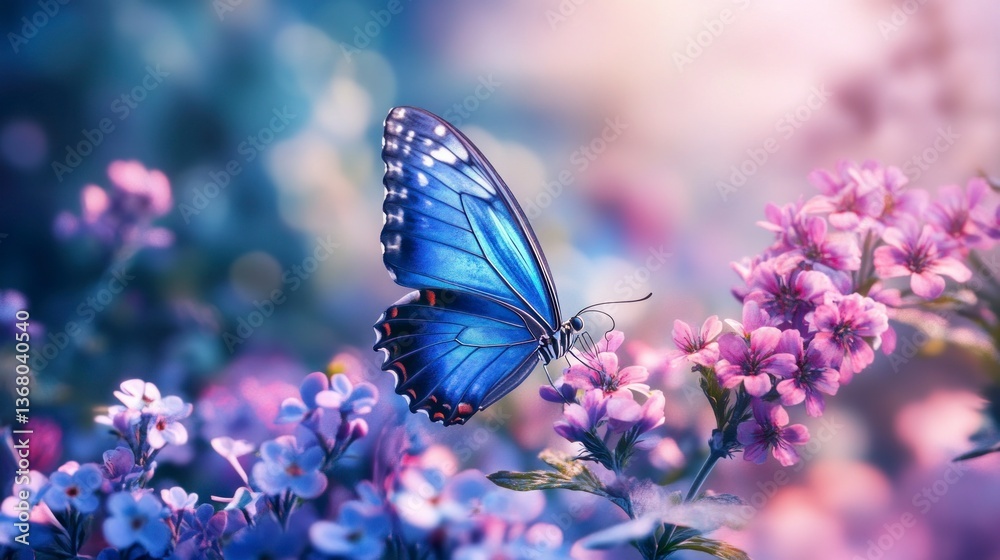 Naklejka premium Blue Butterfly on Flower Blooms in a Garden with Soft Light