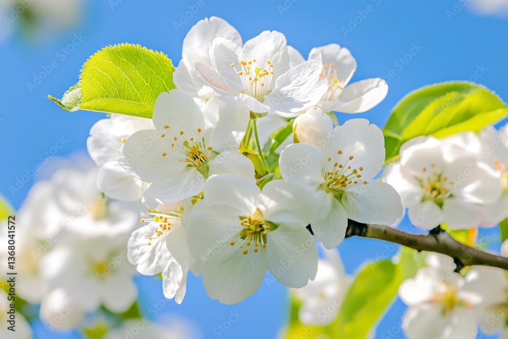 White Apple Blossom Blooming on Branch with Blue Sky Background White Apple Blossom Blooming on Branch with Blue Sky Background