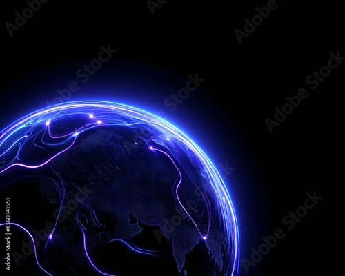 Glowing digital globe with data streams