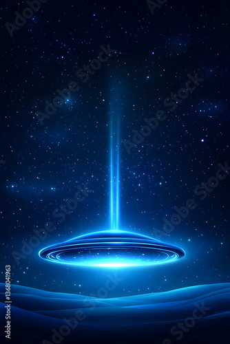 Glowing UFO descends, emitting a beam of light onto a dark, undulating landscape under a starry sky