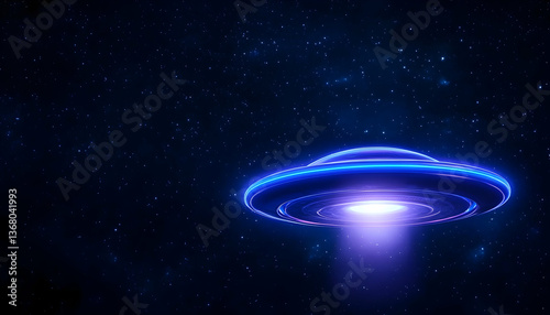 Glowing UFO in dark space with bright beam