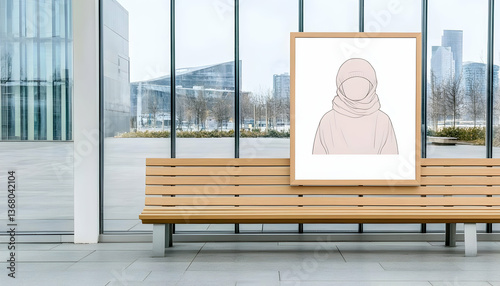 Framed illustration of a woman in a hijab displayed on a bench in a modern setting
