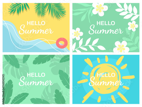 Hello summer time concept design. Creative abstract shape background and plant colorful of summer season for sale post template.