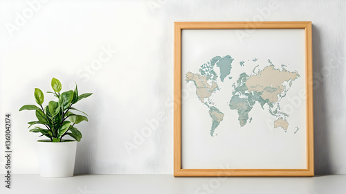 Framed world map print with plant