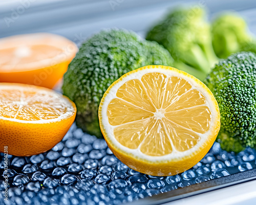 Fresh citrus fruit and broccoli on a textured surface