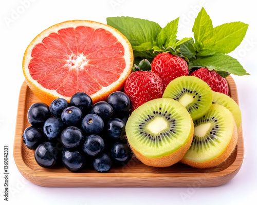 Fresh fruit platter with grapefruit, strawberries, kiwi, and blueberries