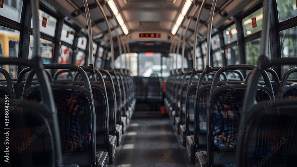 empty black passenger seats are waiting for people to board a public transport bus