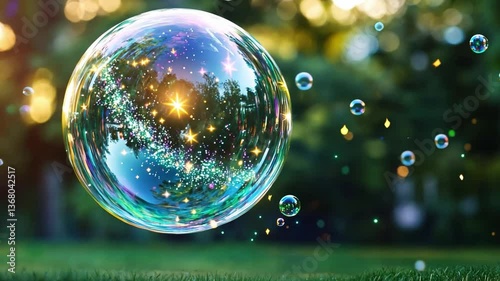 Ephemeral Orb: A giant, iridescent soap bubble floats dreamily, encapsulating the vibrant hues of the surrounding environment, set against a blurred backdrop of lush greenery.