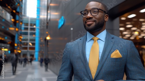 A man wearing a blue suit and yellow tie stands in front of a building