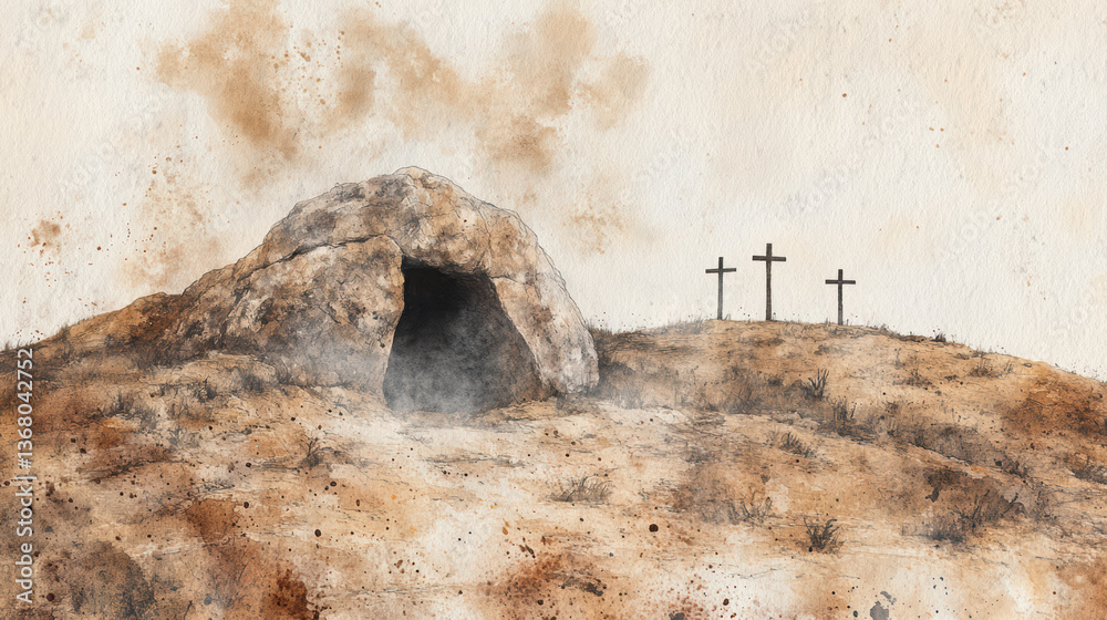 Fototapeta premium Golgotha with the empty tomb of Jesus Christ and three crosses on the hill, Easter watercolor illustration symbolizing the resurrection