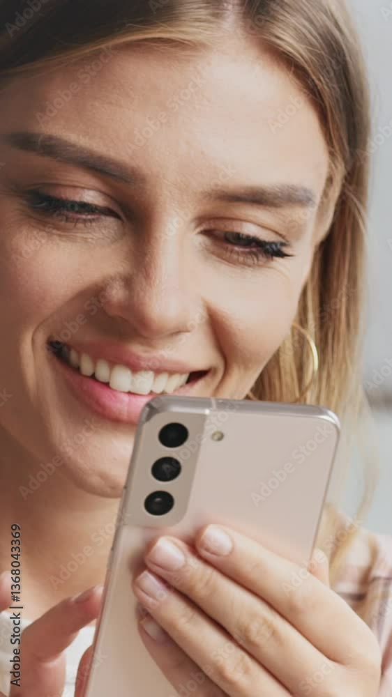Young woman smiling while using a smartphone on a sofa in a cozy living room. Relaxed and comfortable, she enjoys browsing social media and connecting with friends online Young woman smiling while using a smartphone on a sofa in a cozy living room. Relaxed and comfortable, she enjoys browsing social media and connecting with friends online