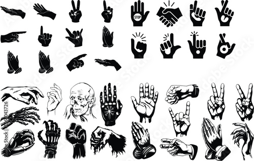 Line hands gestures. Like and dislike hand gesture icon, pointing finger and strong fist icons vector Hand gesture icon set of various shapes Set of contours of human hands, signs and gestures isolate