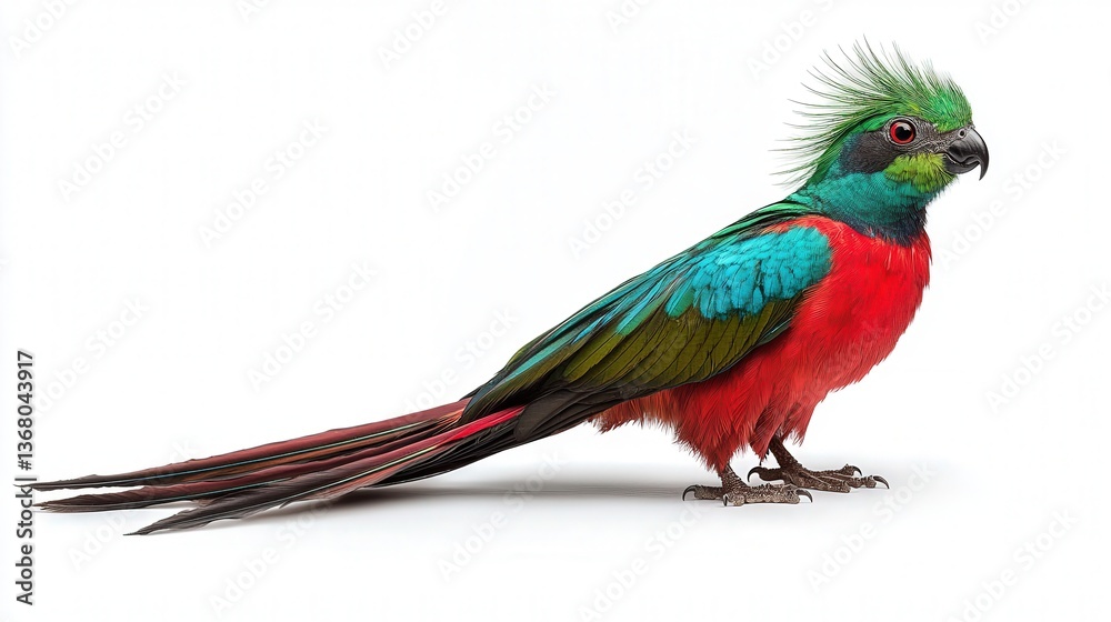 Fototapeta premium Colorful resplendent quetzal with vibrant feathers on a clean white background.